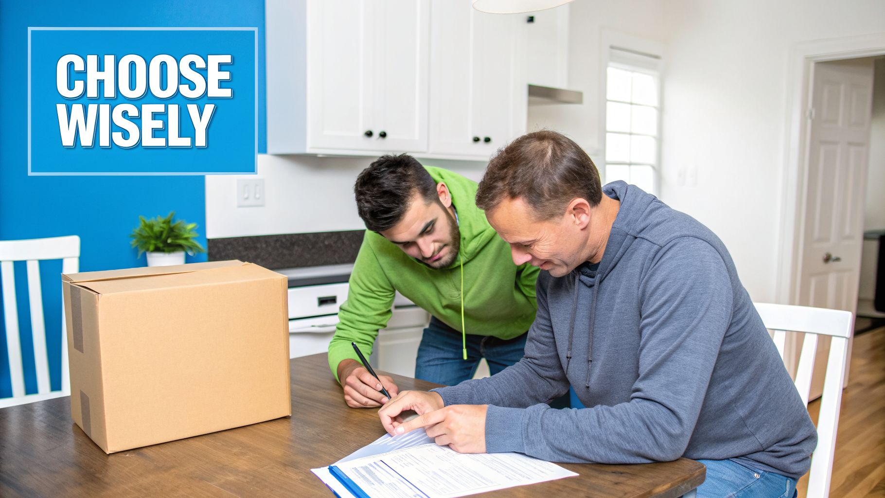 Two men review and sign moving documents at a kitchen table with a cardboard box, advising to choose wisely.