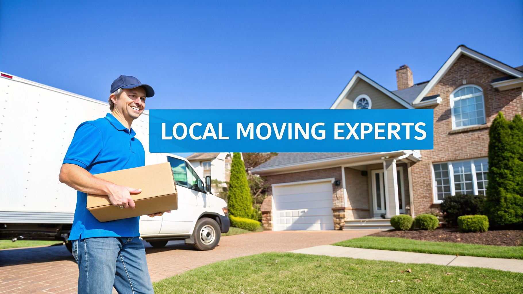 A smiling local moving expert in a blue uniform carrying a box, with a truck and house.