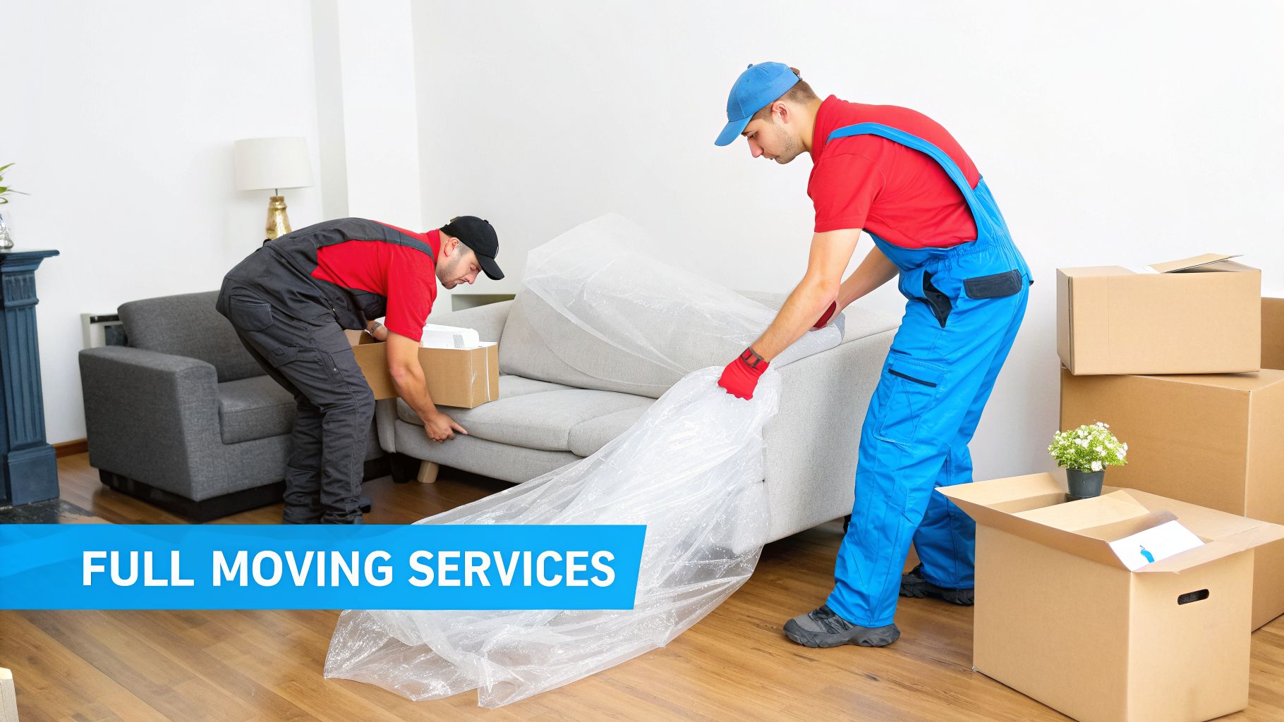 Professional movers in uniform carefully wrap a sofa in plastic, with moving boxes nearby in a home.
