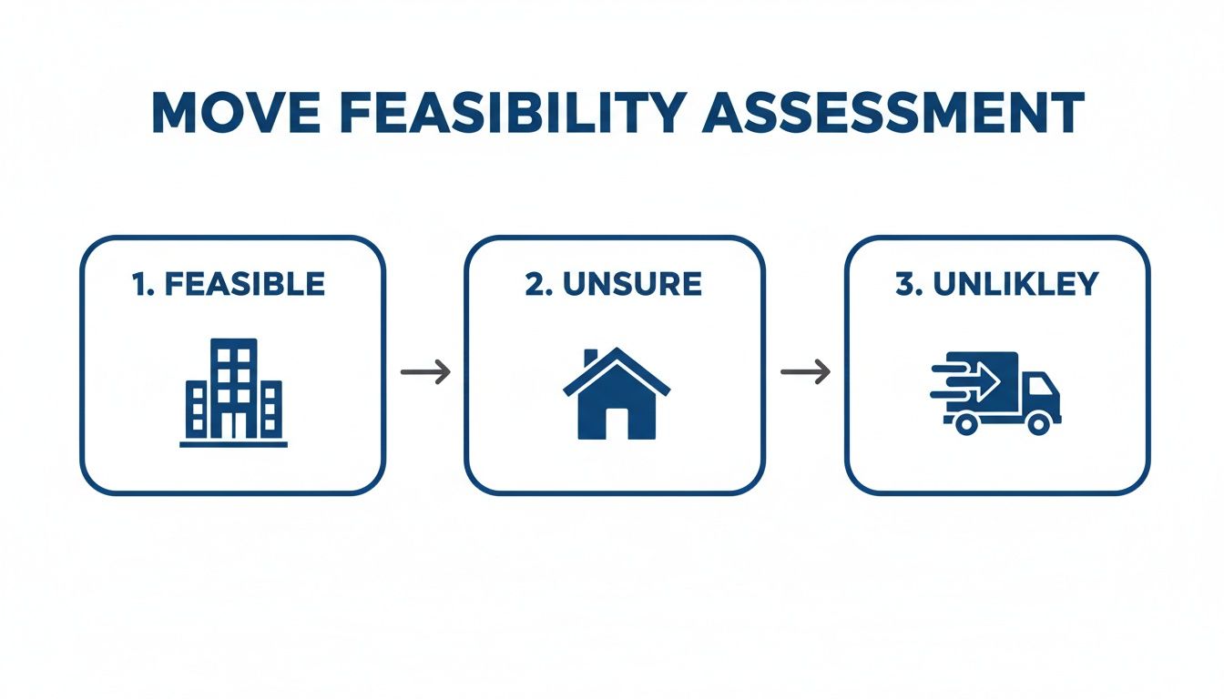 A visual representation of a move feasibility assessment, illustrating feasible, unsure, and unlikely outcomes.