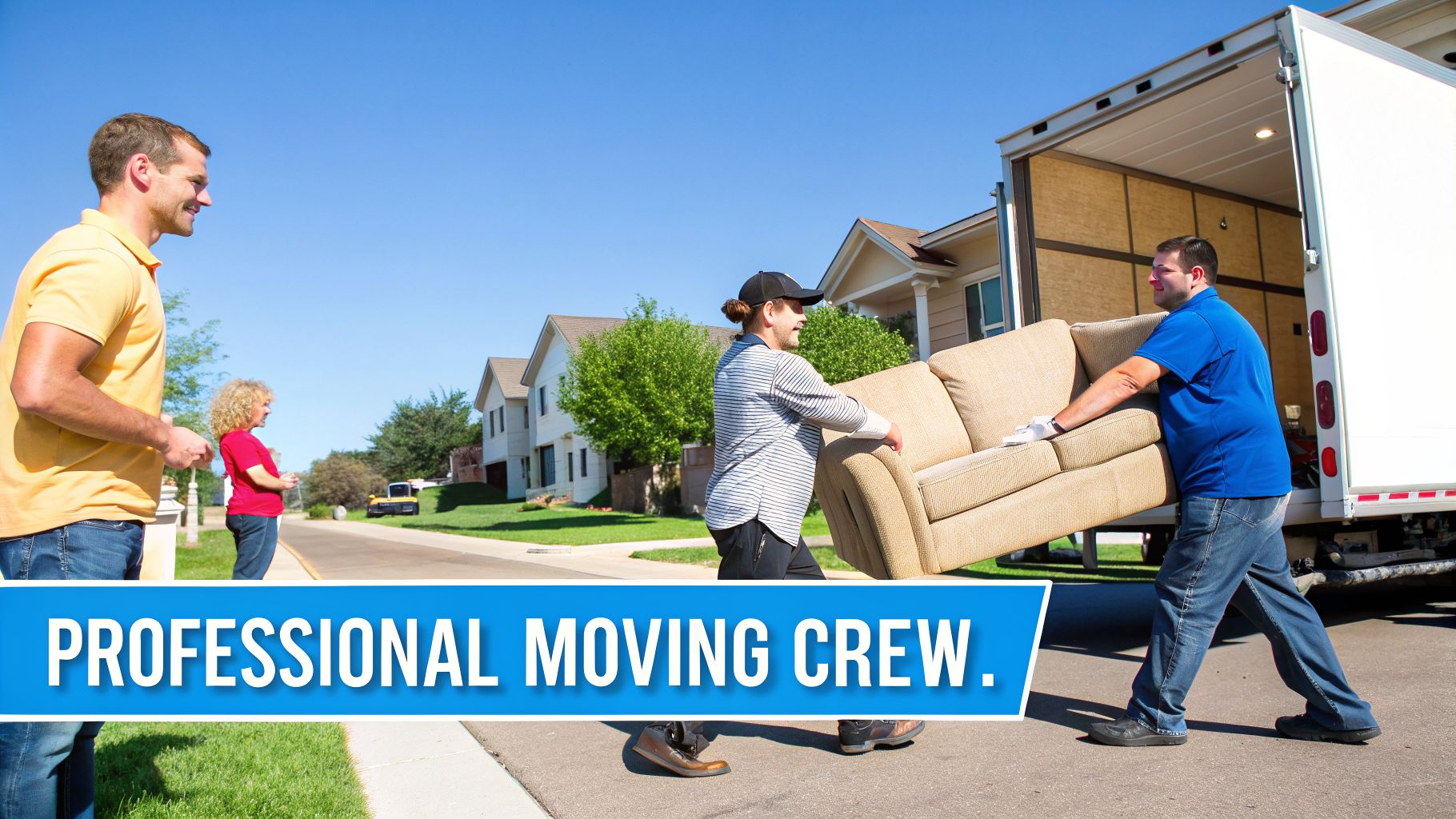 A professional moving crew loads a beige couch into a white moving truck on a sunny day.