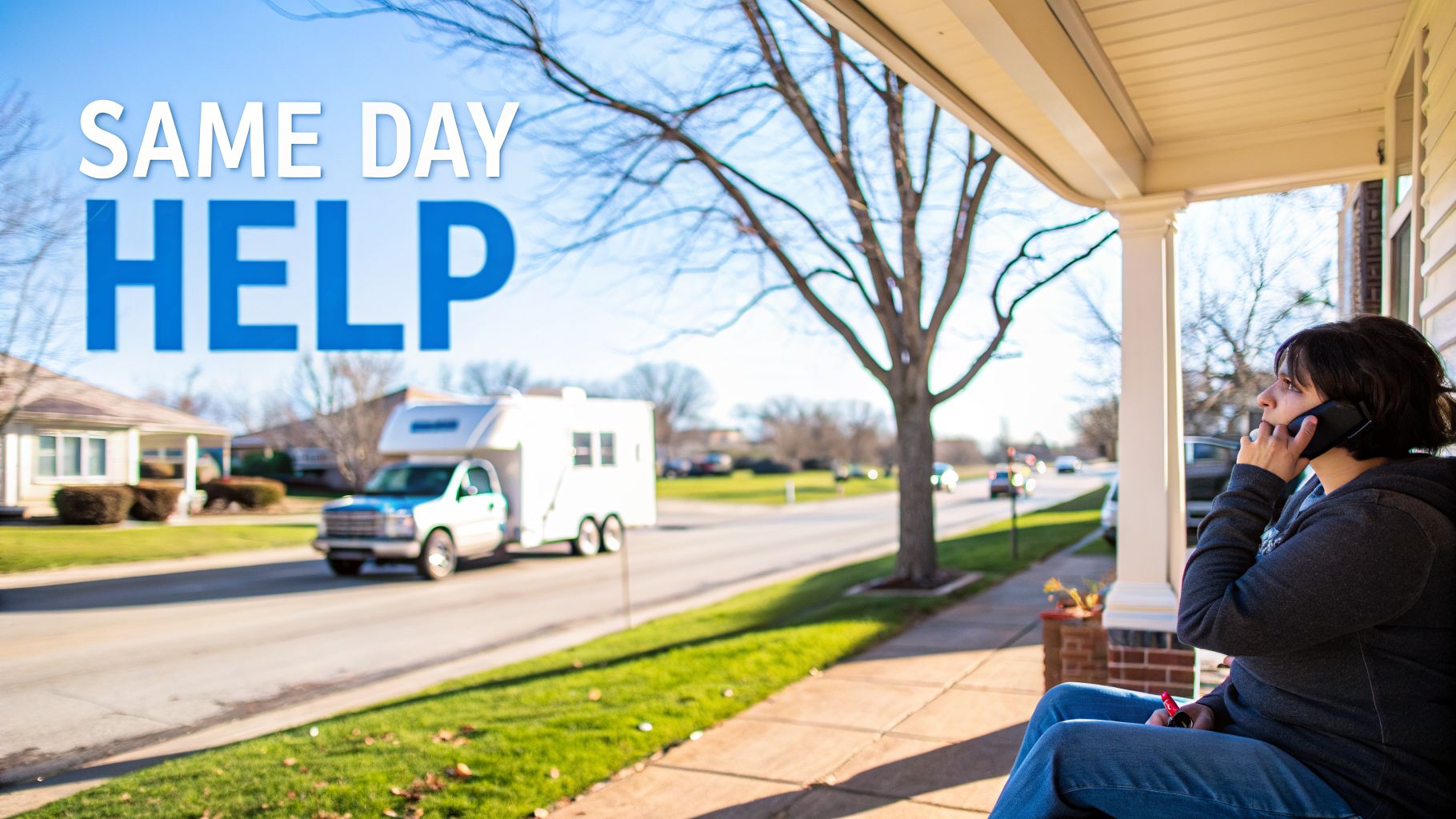 A woman on her porch talks on the phone, a truck with a trailer passes by, with 'SAME DAY HELP' text.