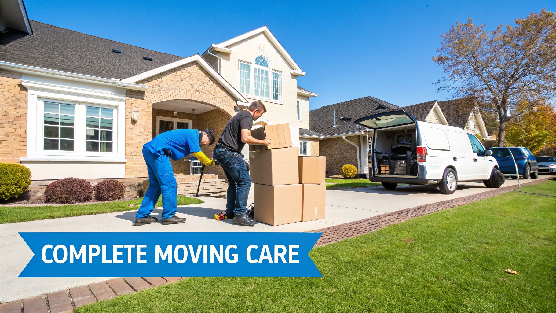 Professional movers loading cardboard boxes into a white moving van in a suburban neighborhood.
