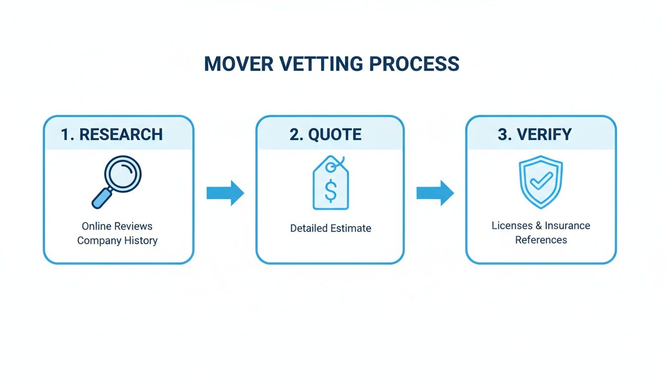 Flowchart detailing a 3-step mover vetting process: research, quote, and verify credentials.