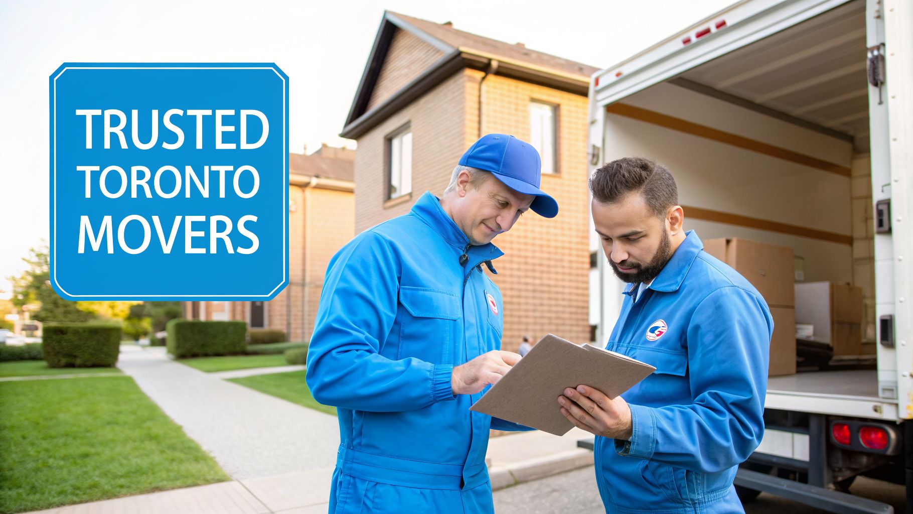 Two professional Toronto movers in blue uniforms review documents next to a moving truck.
