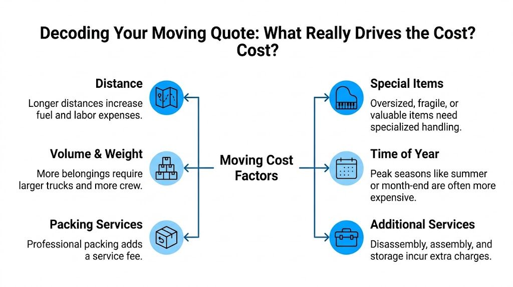 An infographic titled Decoding Your Moving Quote showing six main factors that influence professional moving costs.