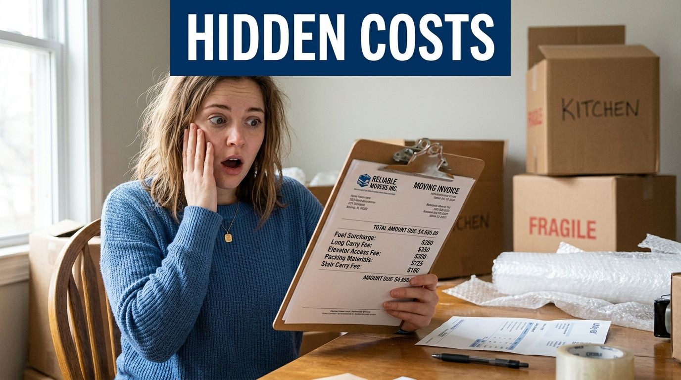 A woman looks shocked while reviewing a moving company invoice that reveals unexpected additional service costs.