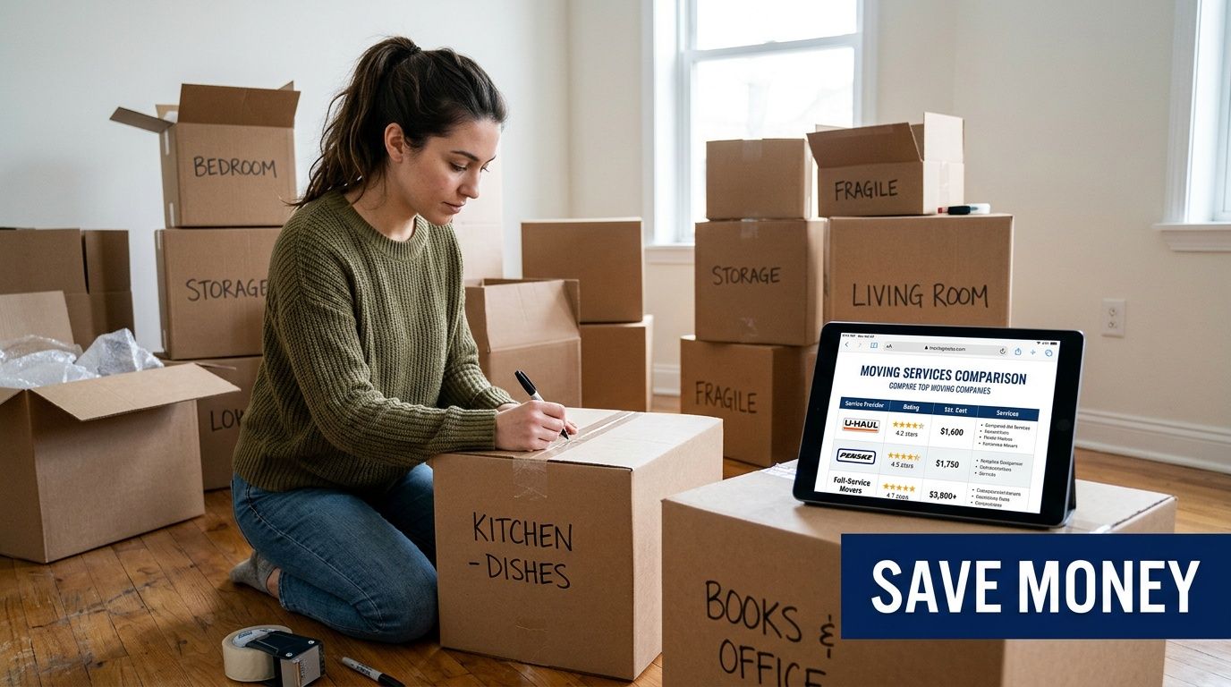 A woman kneeling on the floor labels moving boxes while comparing professional moving company service costs online.