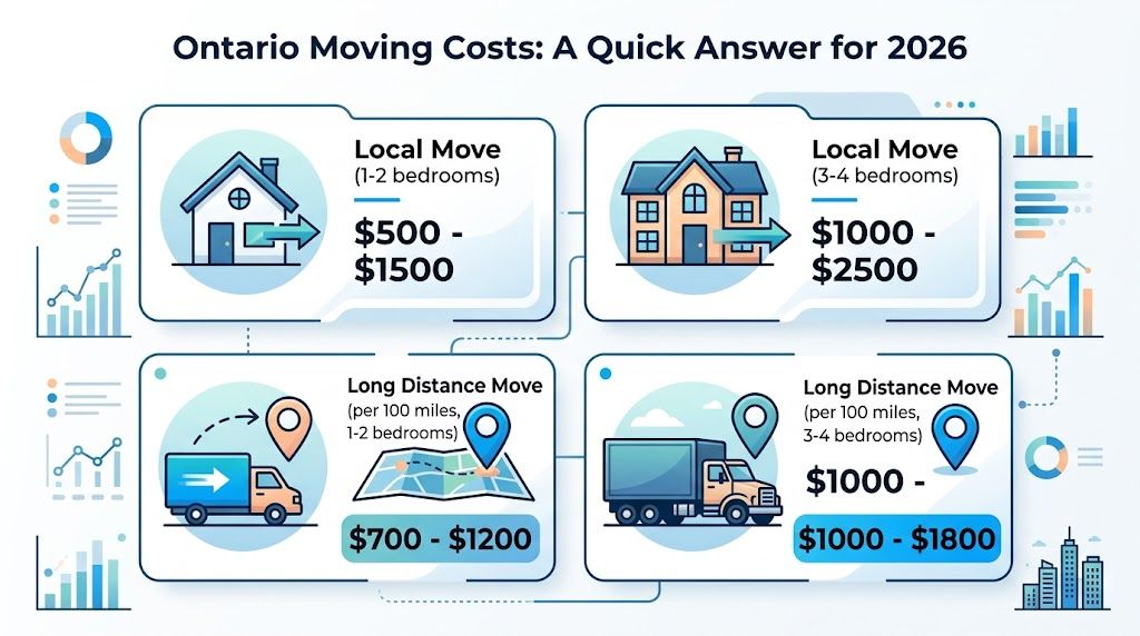An infographic showing estimated moving costs for local and long distance moves in Ontario for 2026.