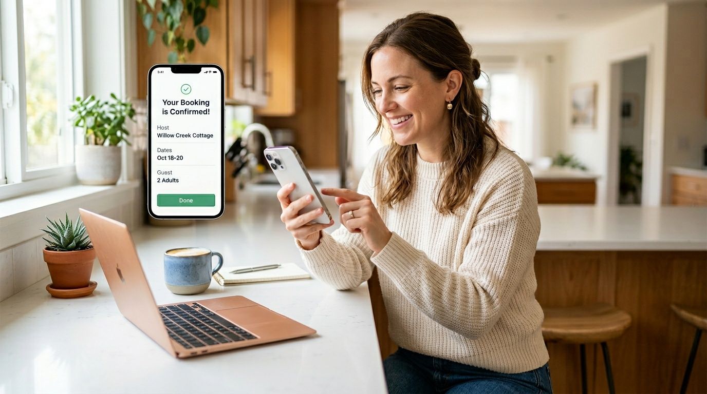 A woman happily checking a booking confirmation on her smartphone at a desk with a laptop.