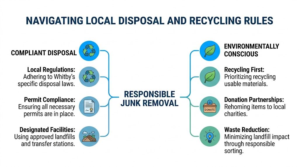 A diagram illustrating responsible junk removal practices in Whitby, focusing on regulatory compliance and environmentally conscious disposal methods.