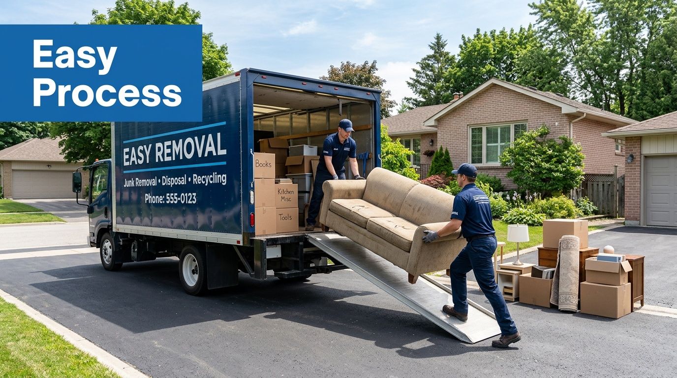 Two professional movers in uniforms carefully load a beige couch onto an Easy Removal truck for disposal.
