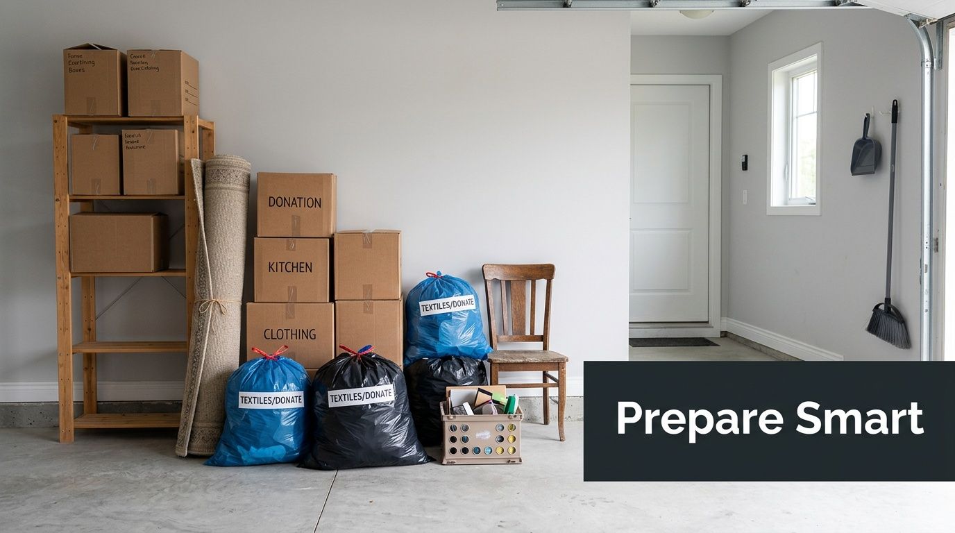 A neatly organized garage featuring cardboard moving boxes, donation bags, and a broom for professional junk removal.