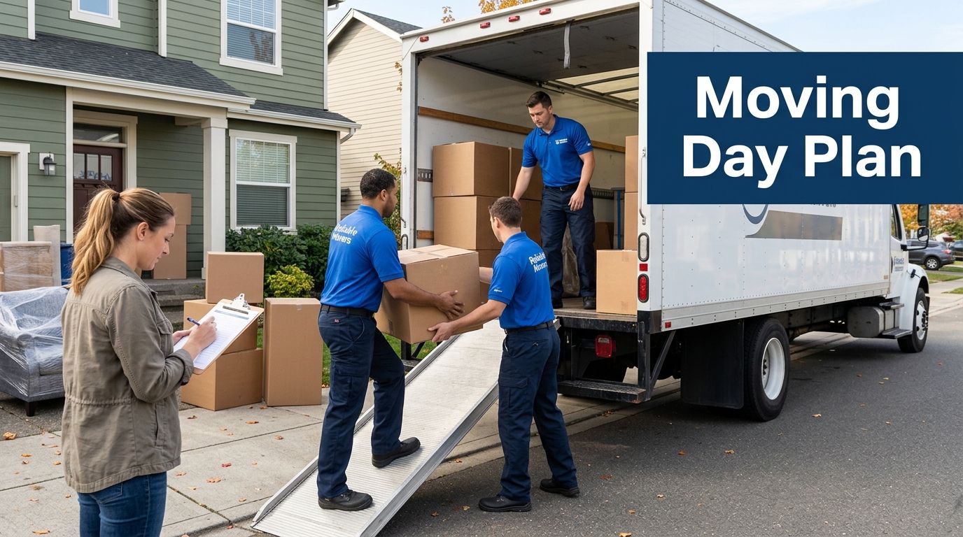 A woman reviews a checklist as professional movers load boxes into a truck for a moving day plan.