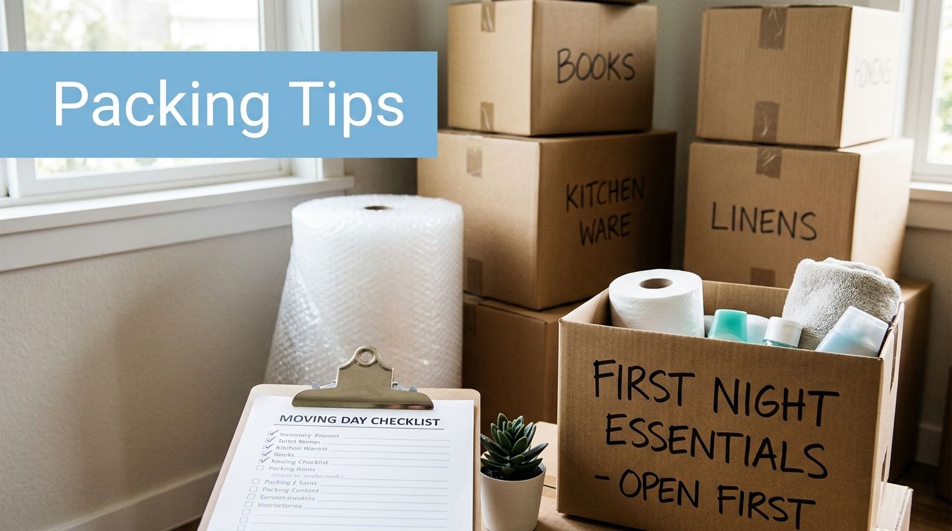 A room filled with labeled moving boxes, bubble wrap, a checklist, and a box of first night essentials, showing packing tips.