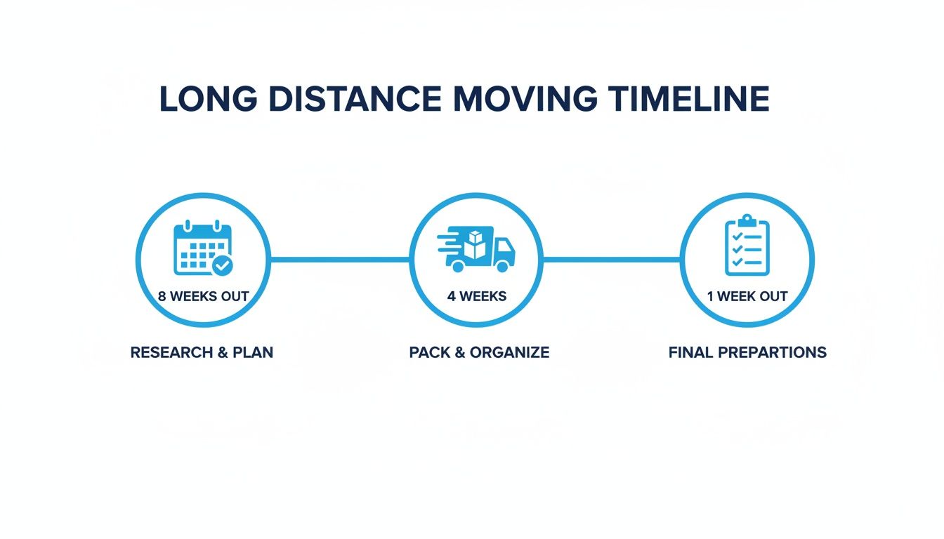 Long distance moving timeline infographic outlining research, packing, and final preparation stages.