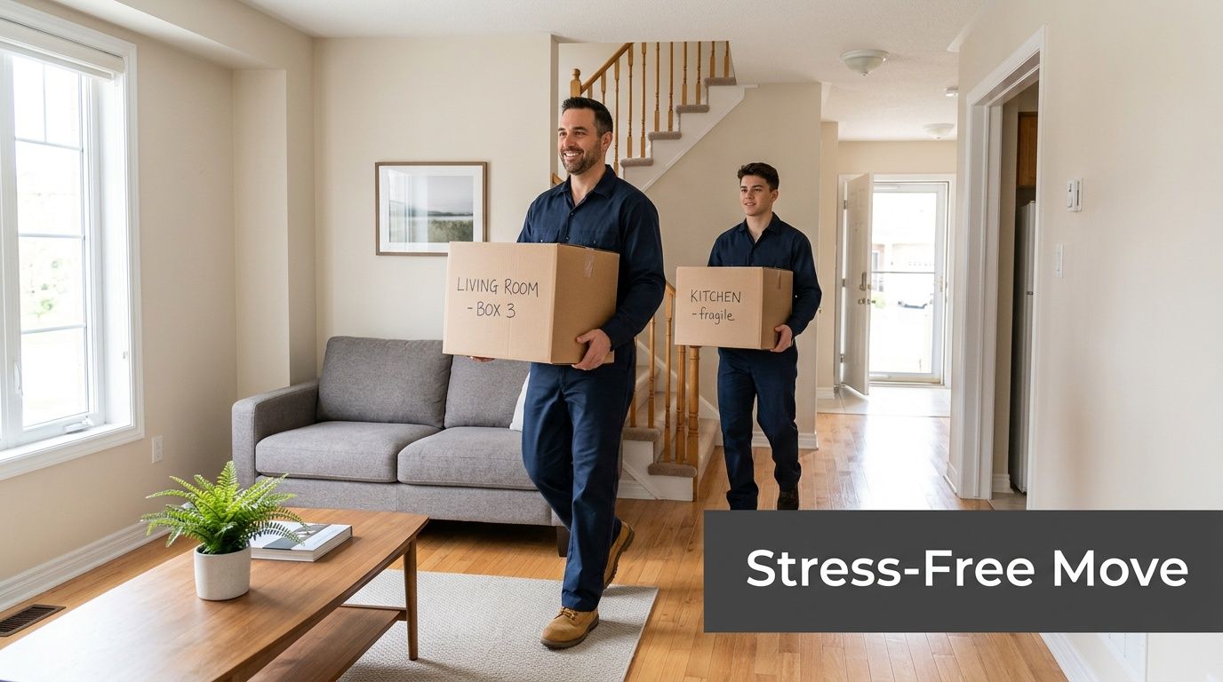 Two professional movers in uniform carrying moving boxes into a bright, modern house.