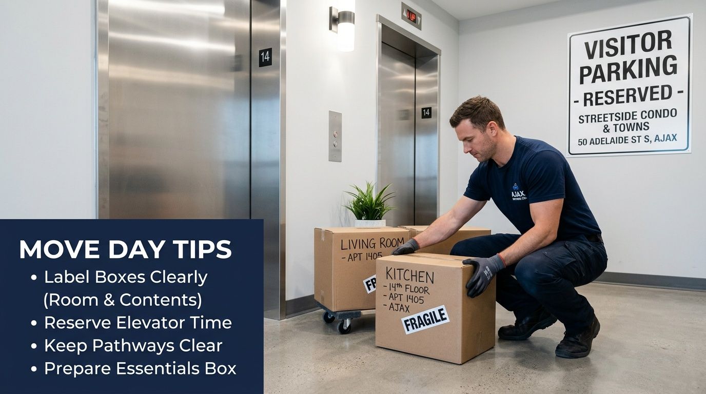 A mover from Ajax Movers Co. labels cardboard boxes in a building hallway with elevators during a move.