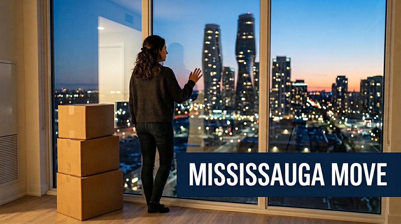 A woman stands before a large window looking out at the illuminated skyline of Mississauga at night.