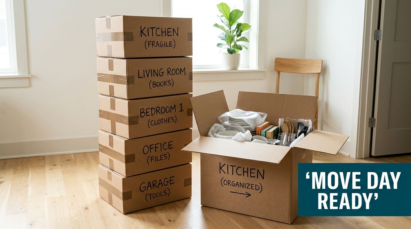 A stack of five labeled cardboard boxes and one open box packed with kitchen items for moving.