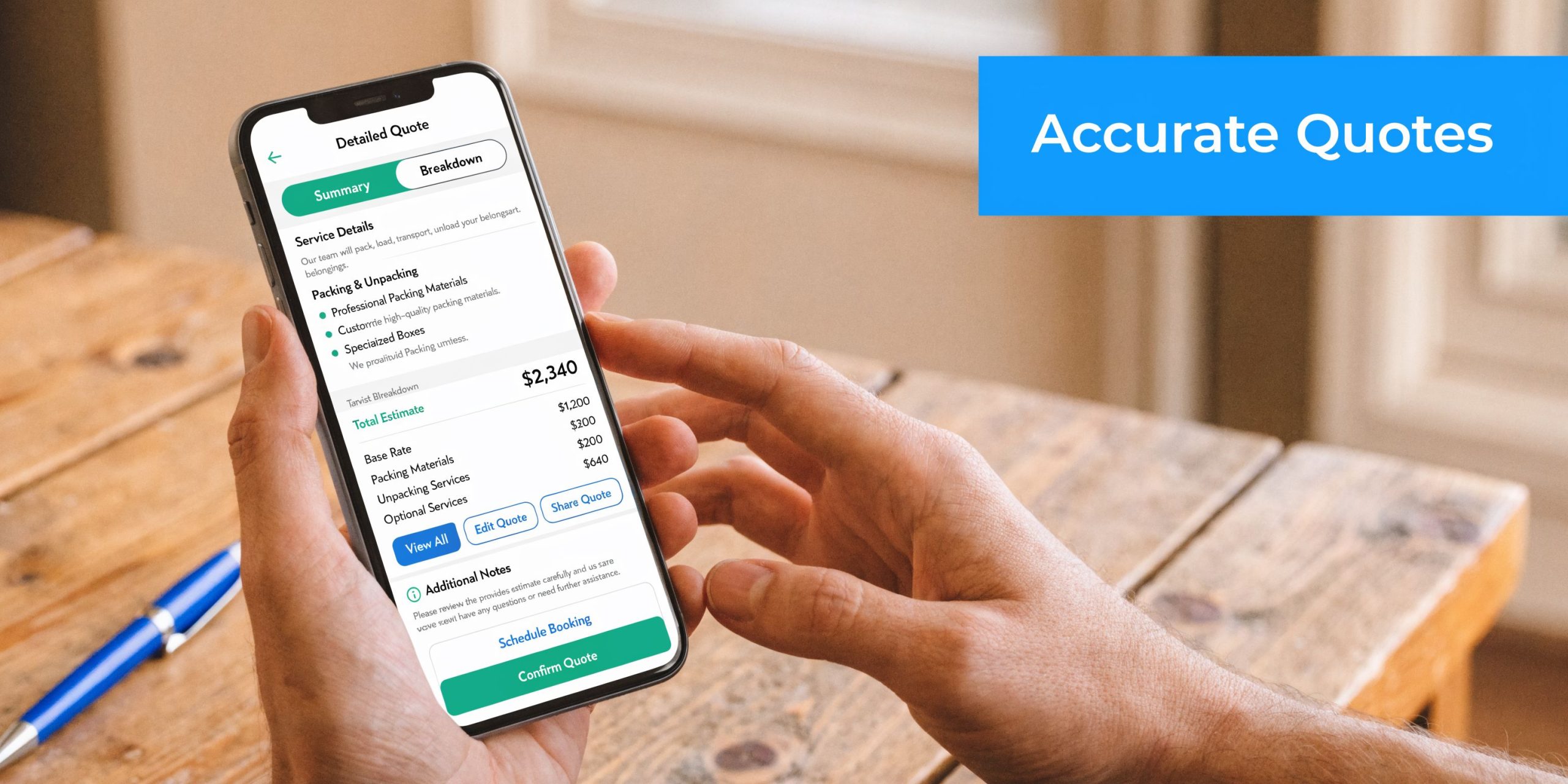 A person holding a smartphone displaying a digital moving service quote with service details and total cost.