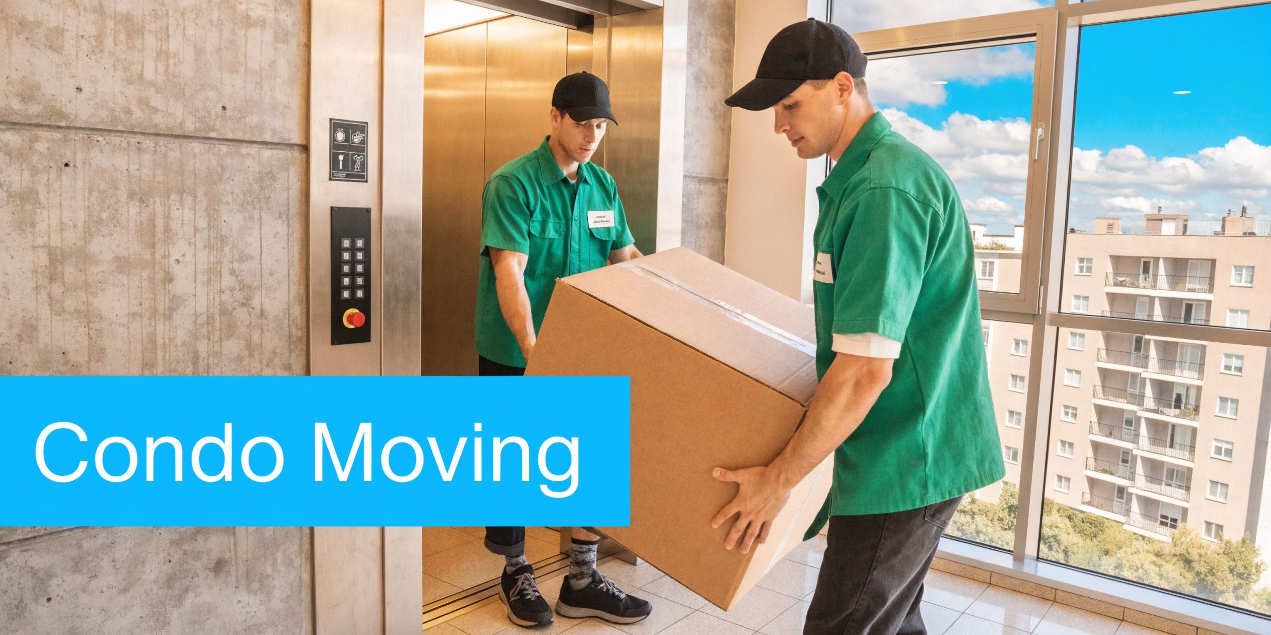 Two professional movers in green uniforms carrying a large cardboard box out of an elevator.