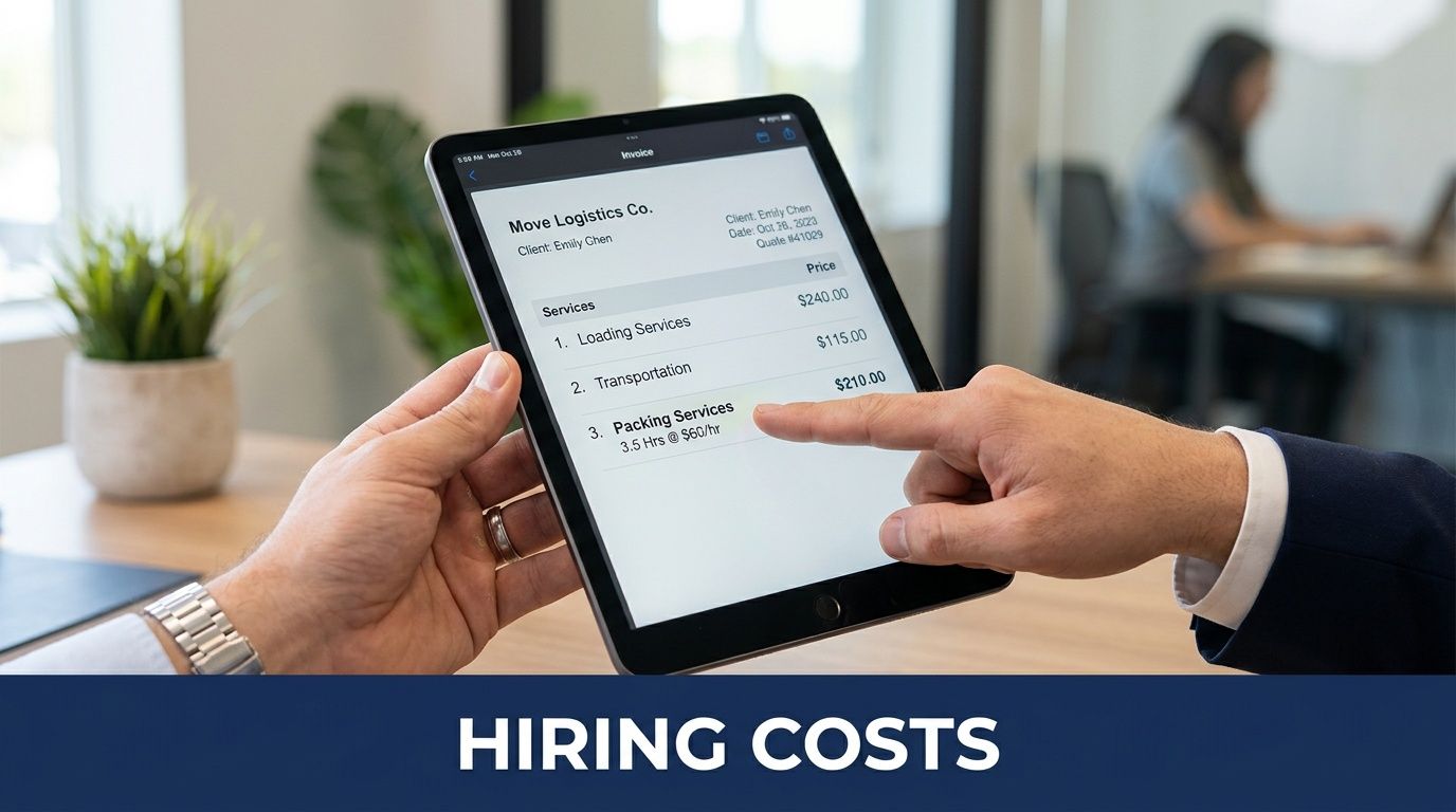 A professional reviewing packing services costs on a digital tablet invoice in an office setting.