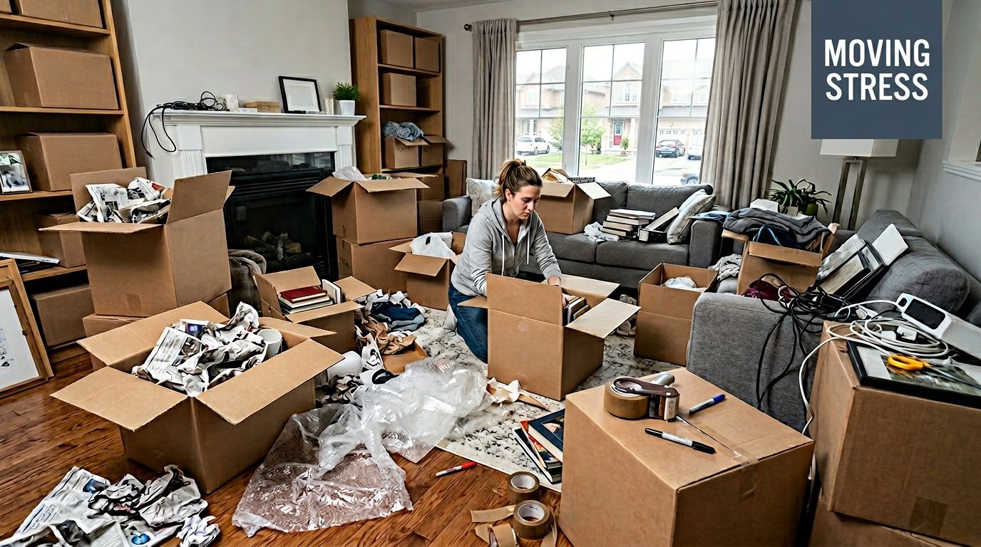 A young woman packing cardboard boxes in a living room filled with items during a home move.