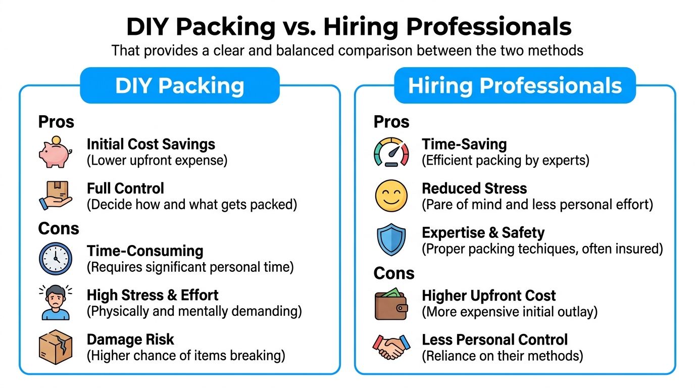 A comparison chart outlining the pros and cons of DIY packing versus hiring professional moving services.