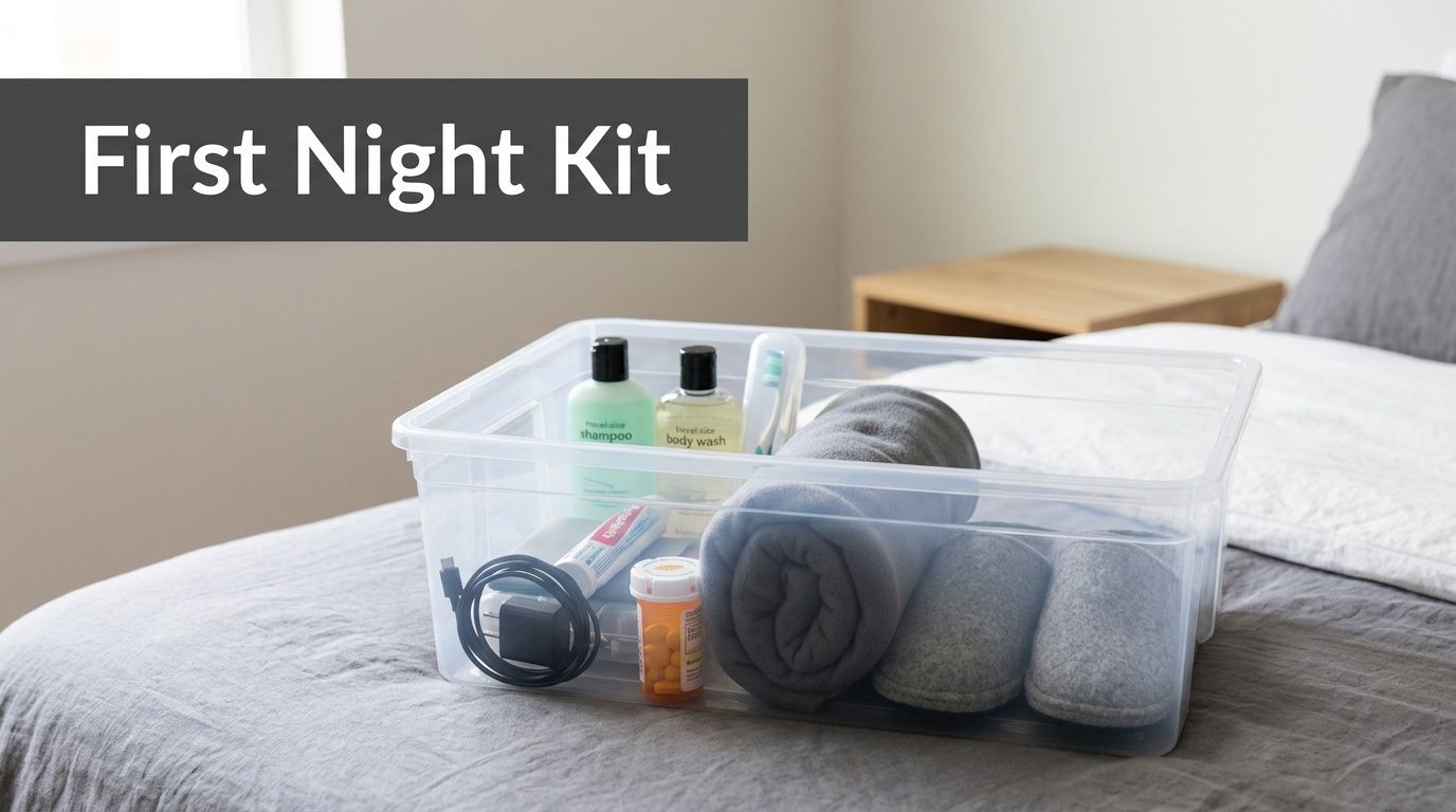A clear plastic storage bin filled with essential items like toiletries, a towel, and slippers for moving.