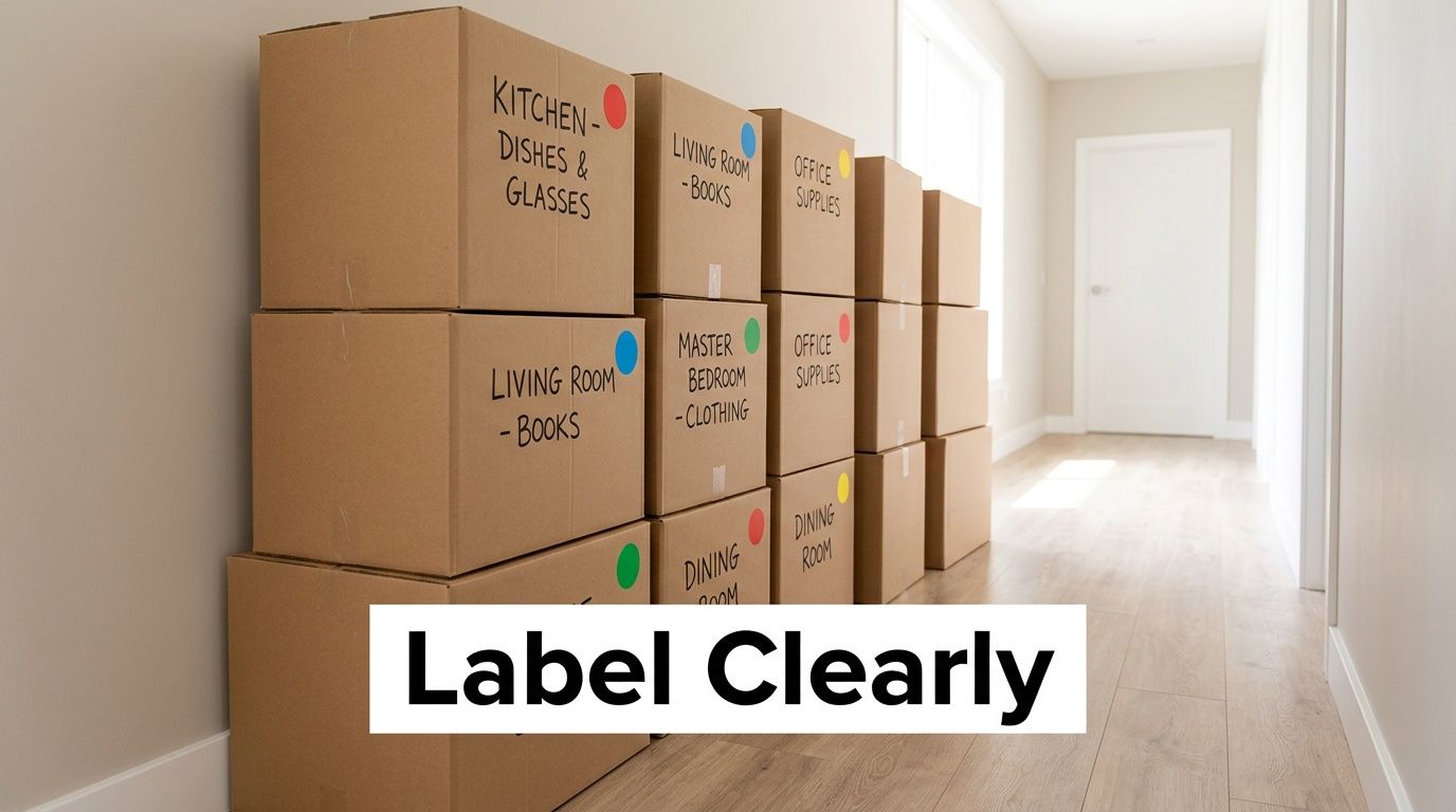 A row of cardboard moving boxes neatly stacked along a hallway wall with clear labeling for organization.