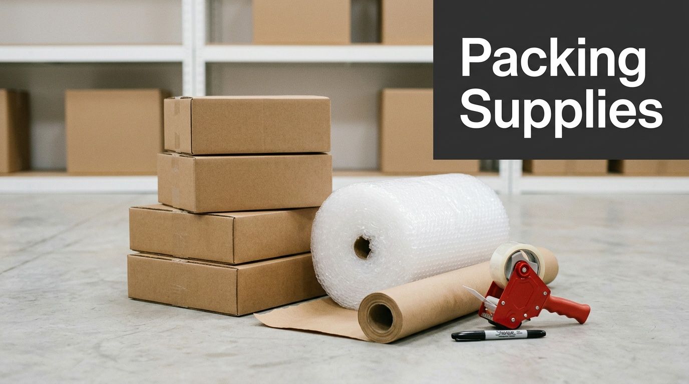 A stack of brown cardboard boxes next to a roll of bubble wrap, packing paper, and tape gun.