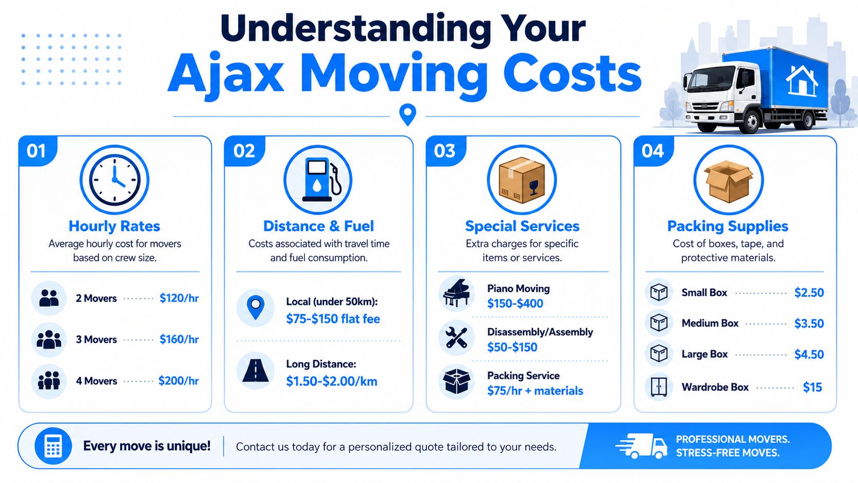 An infographic detailing various moving costs including hourly rates, travel fees, special services, and packing supplies.