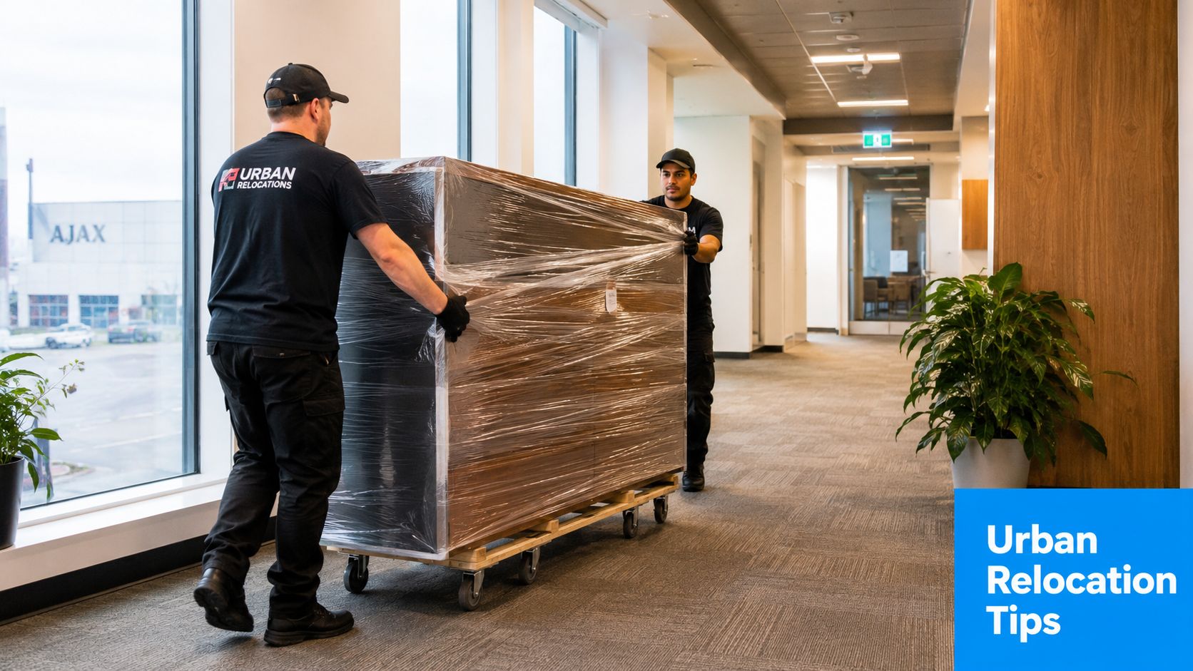 Two professional movers in black uniforms moving a large wrapped furniture item through an office hallway.