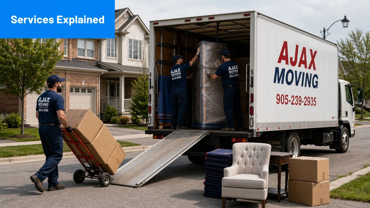 Professional Ajax Moving staff loading furniture and cardboard boxes into a moving truck on a residential street.