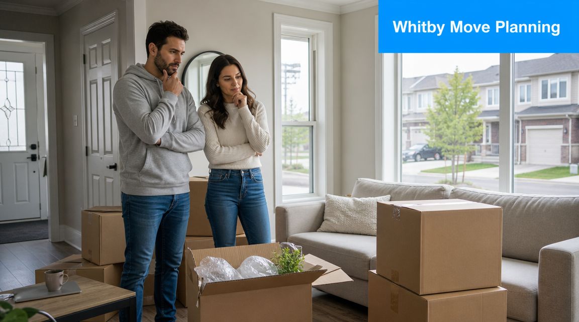 A couple standing in their living room surrounded by moving boxes, planning their relocation in Whitby.