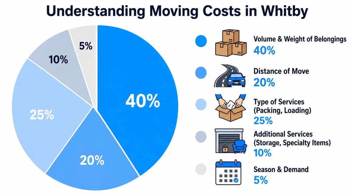 A pie chart displaying a breakdown of factors affecting moving costs in the city of Whitby.