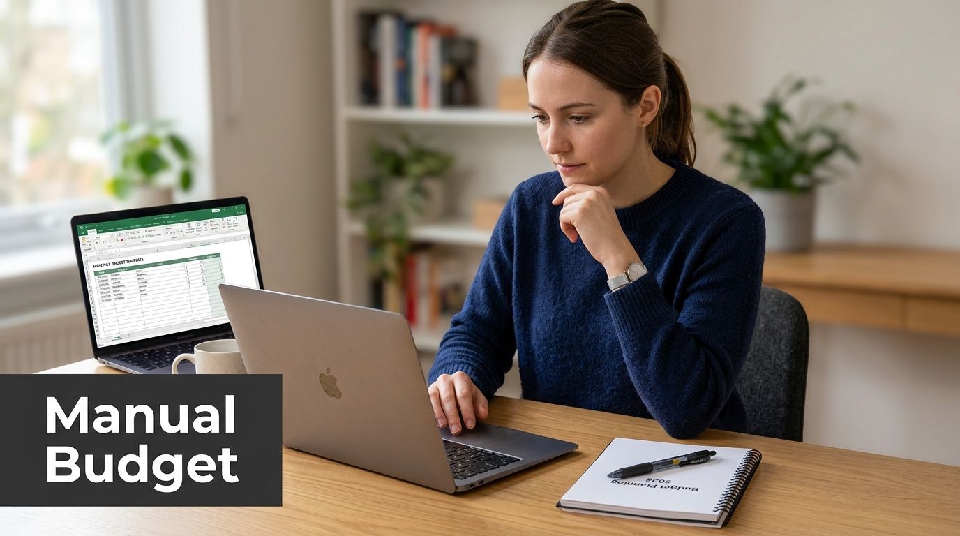 A young woman diligently planning and calculating a budget using a laptop and a notebook at her desk.