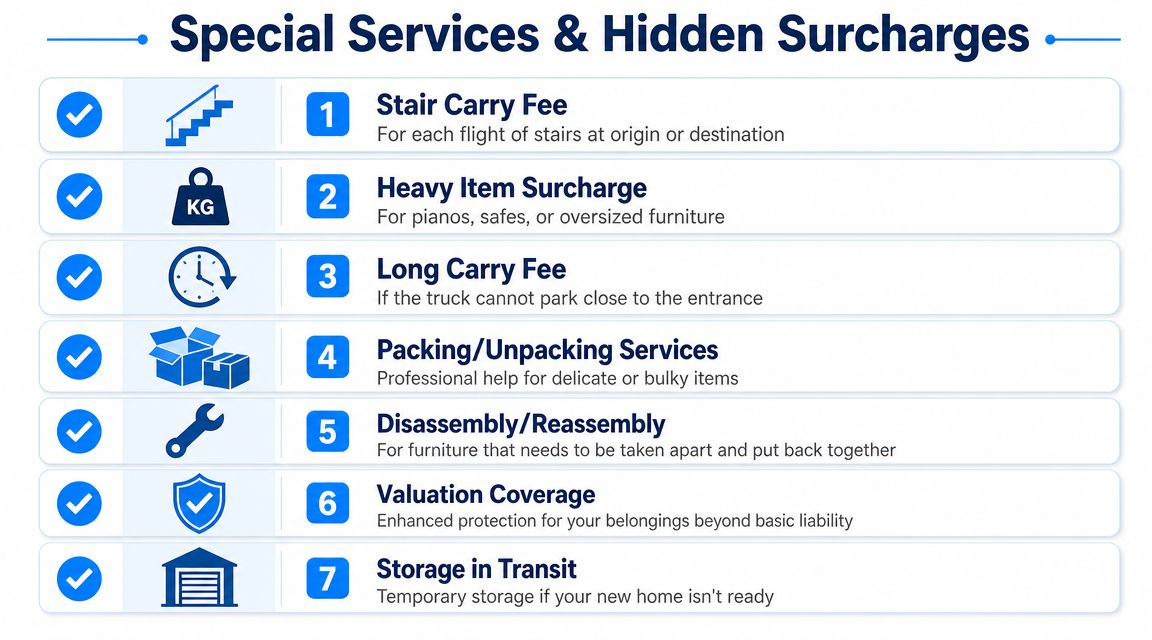A list of seven special services and hidden surcharges related to professional moving and relocation services.