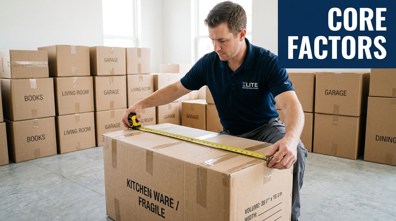 A professional mover in a uniform measuring a cardboard box to estimate moving volume and logistics.