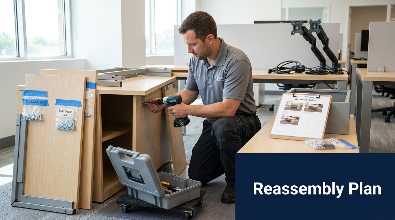 A professional technician kneeling to reassemble a wooden office desk using a power drill.
