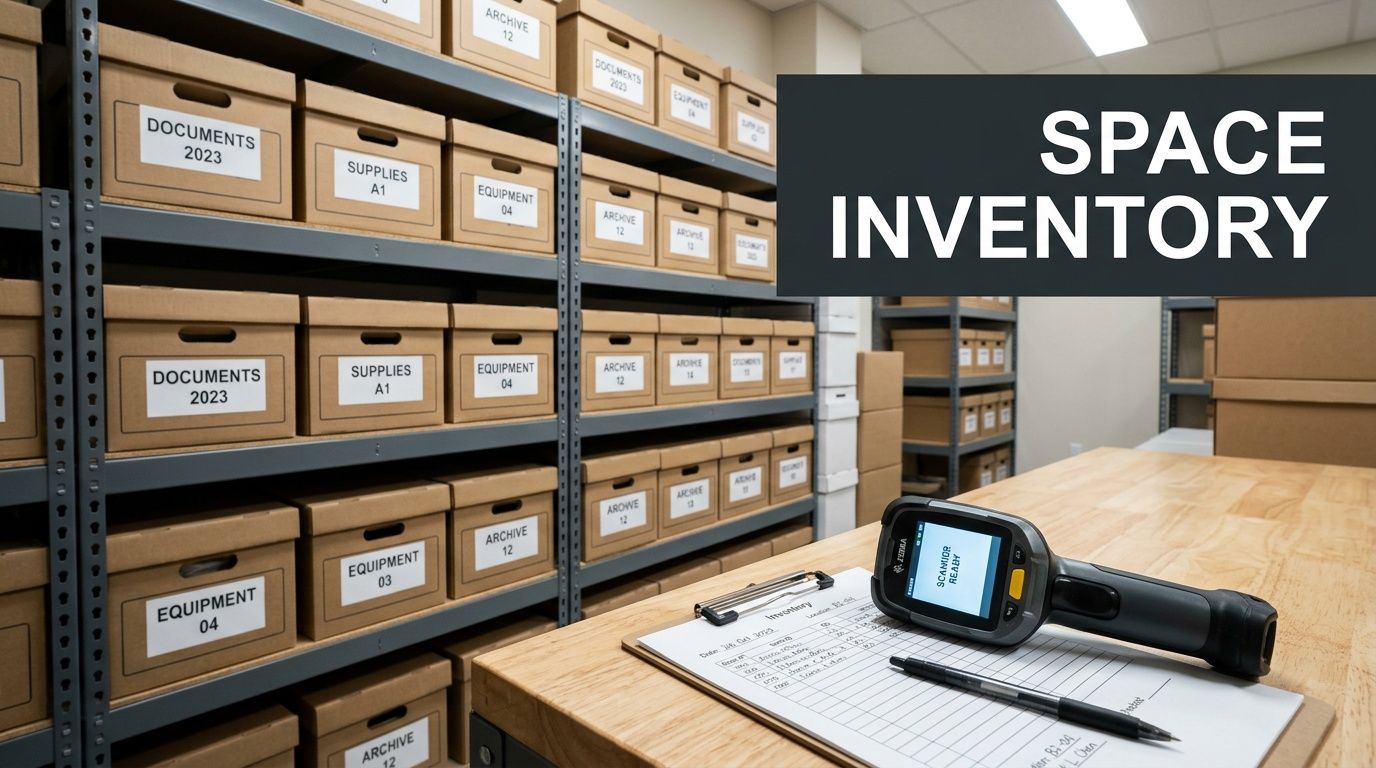 A warehouse storage shelf filled with labeled cardboard boxes and a handheld inventory scanner on a wooden table.