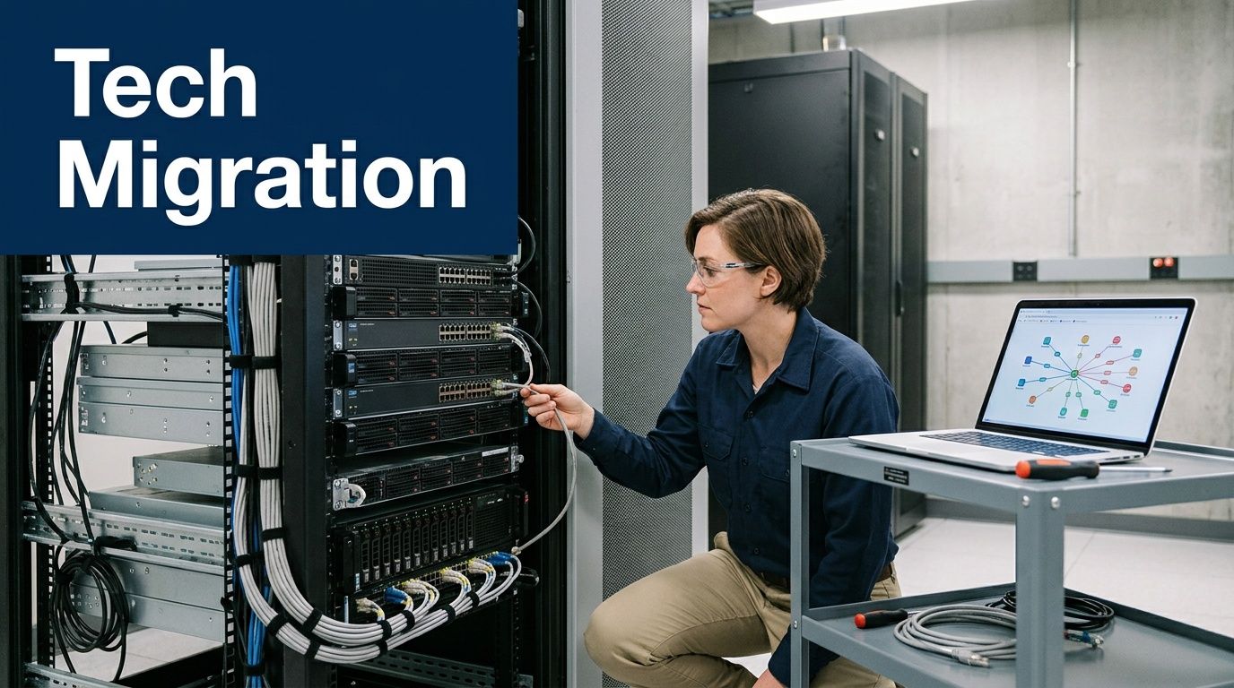 A technician working on network server equipment in a data center for an office IT migration project.