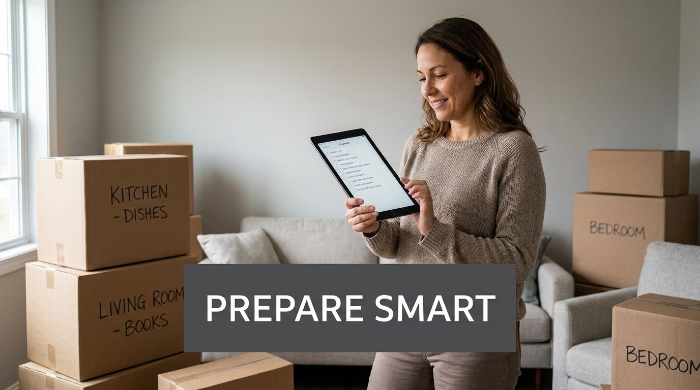A woman smiling while checking a digital list on a tablet surrounded by packed moving boxes.