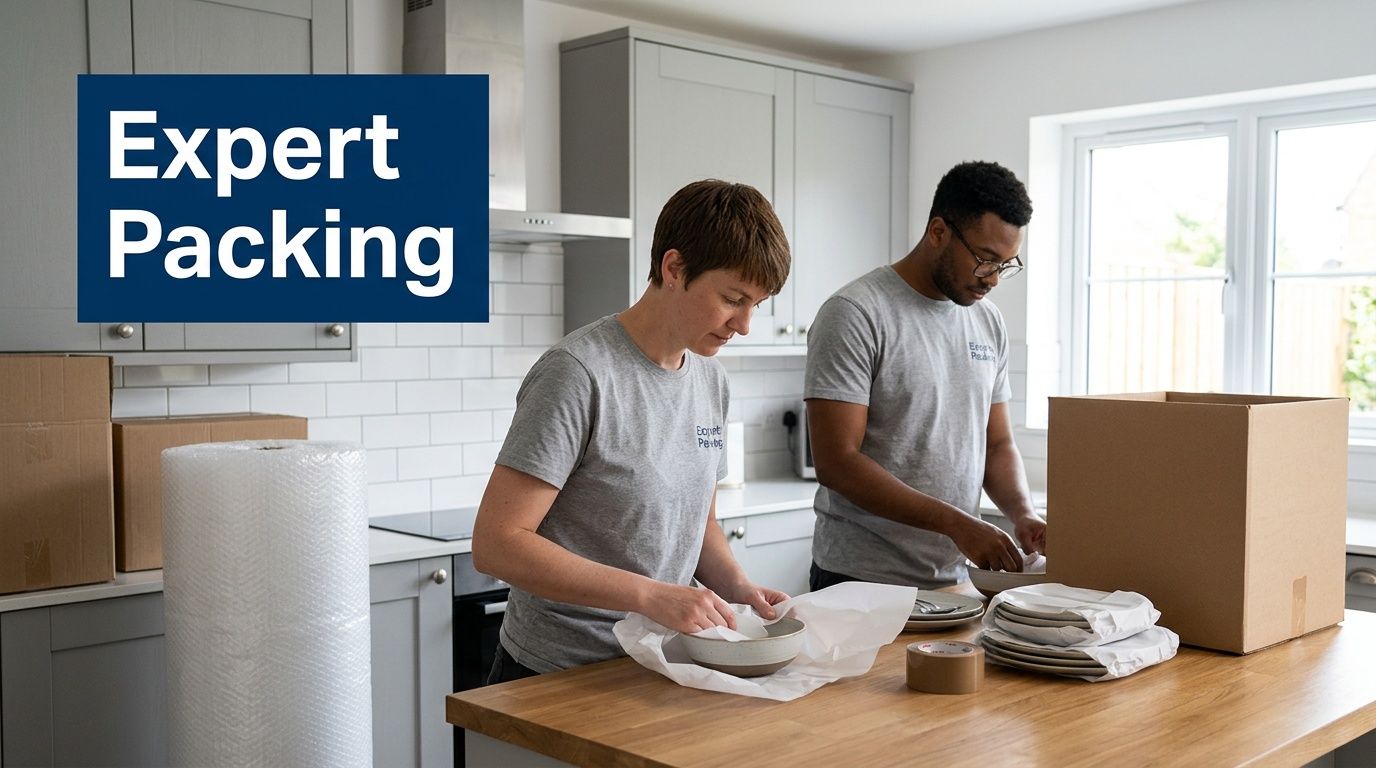 Two professional packers in grey t-shirts carefully wrapping kitchenware and ceramic dishes into cardboard boxes.