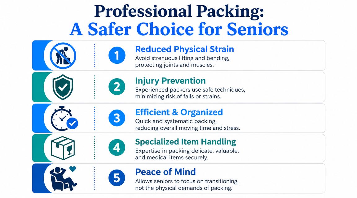 An infographic detailing five key benefits of professional packing services for seniors during relocation.