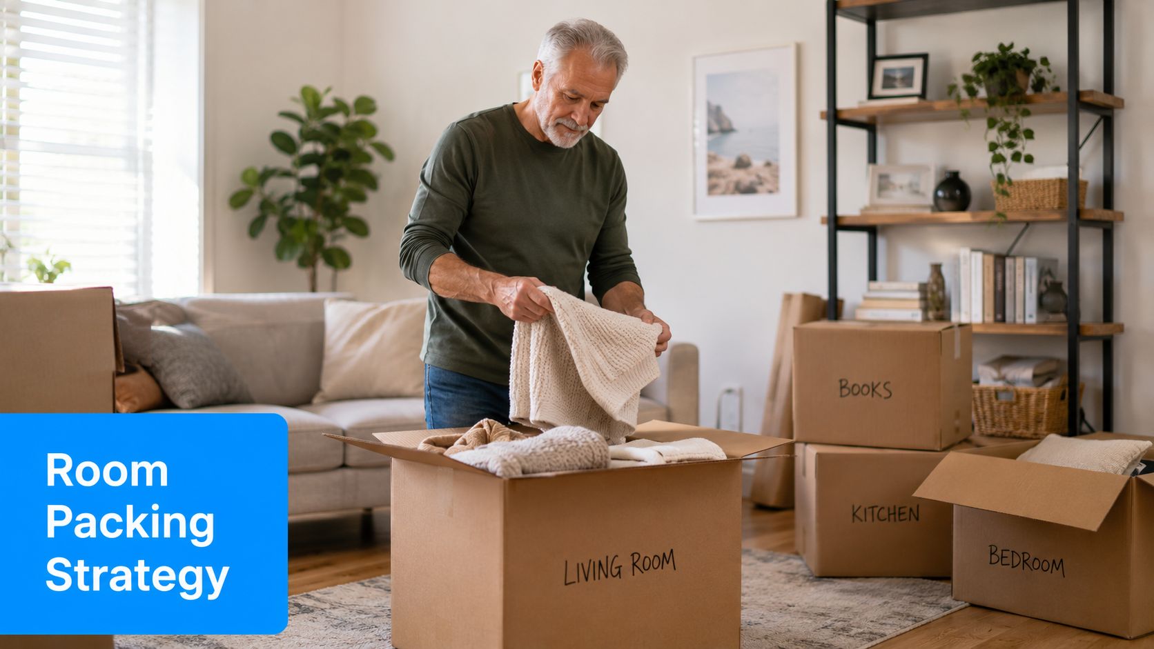 An older man packing sweaters into a cardboard box labeled Living Room while preparing for a move.