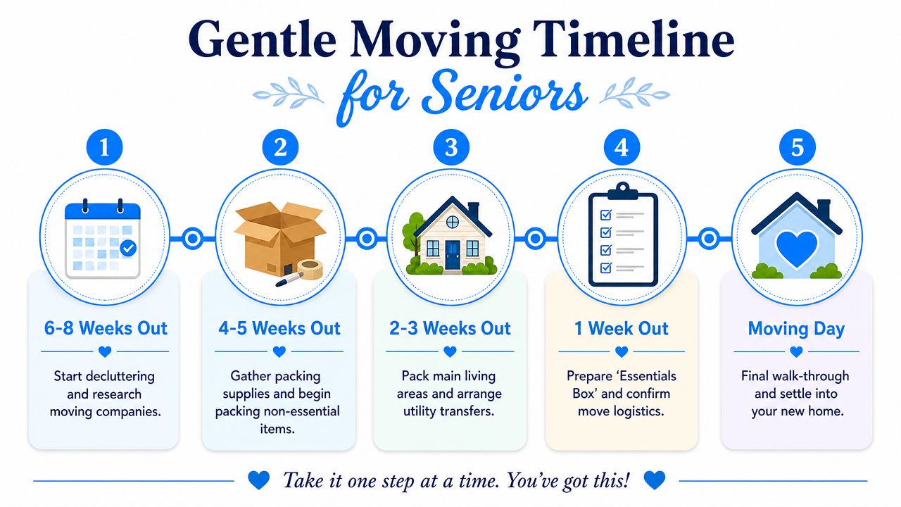 A five-step infographic showing a gentle moving timeline for seniors, outlining tasks from eight weeks out until moving day.