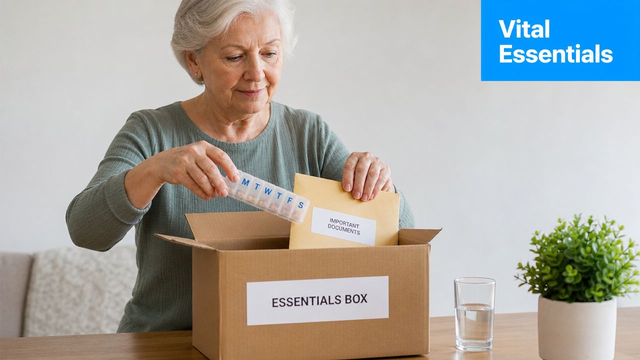 An elderly woman placing a medication organizer and documents into a box labeled as essentials.