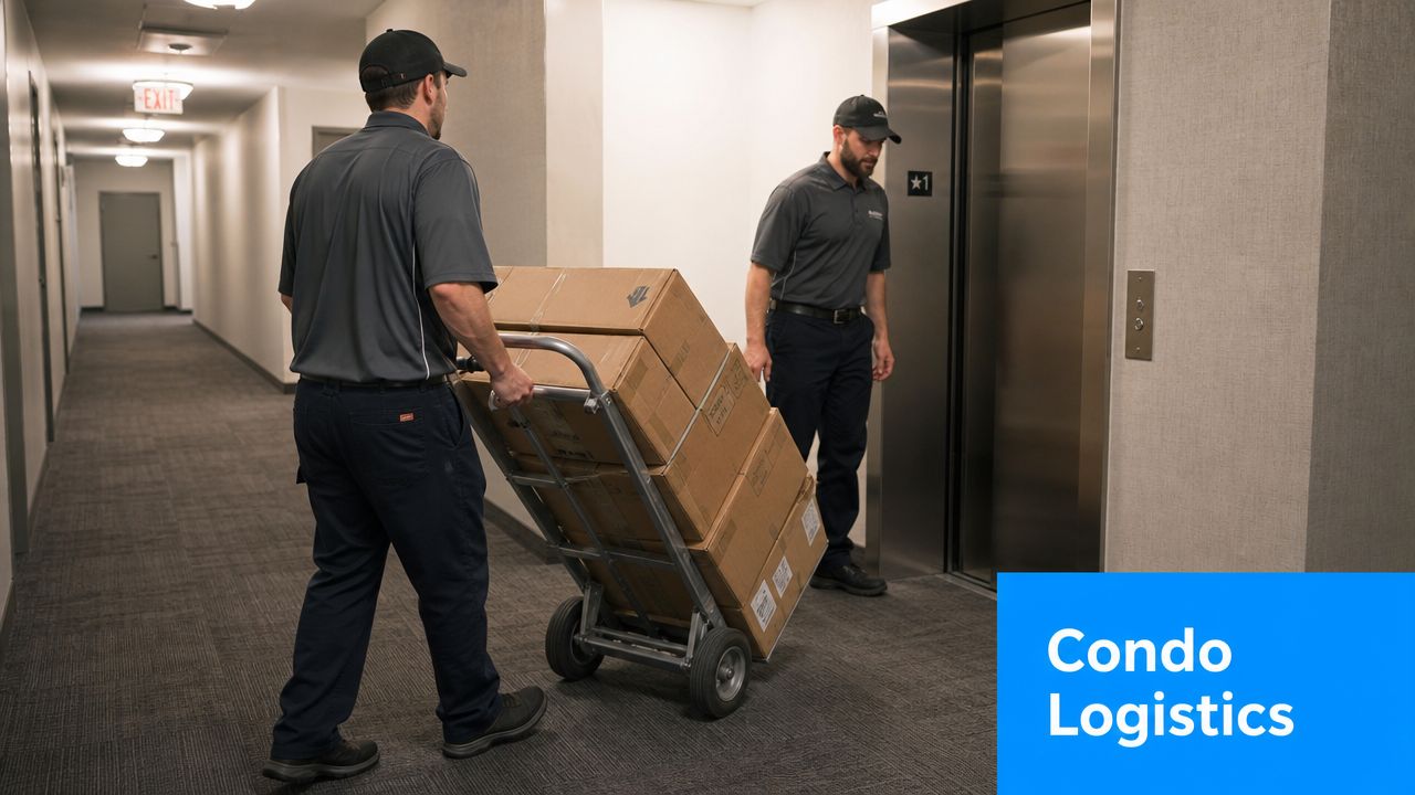 Two movers in gray uniforms transporting cardboard boxes on a hand truck near a condo elevator.